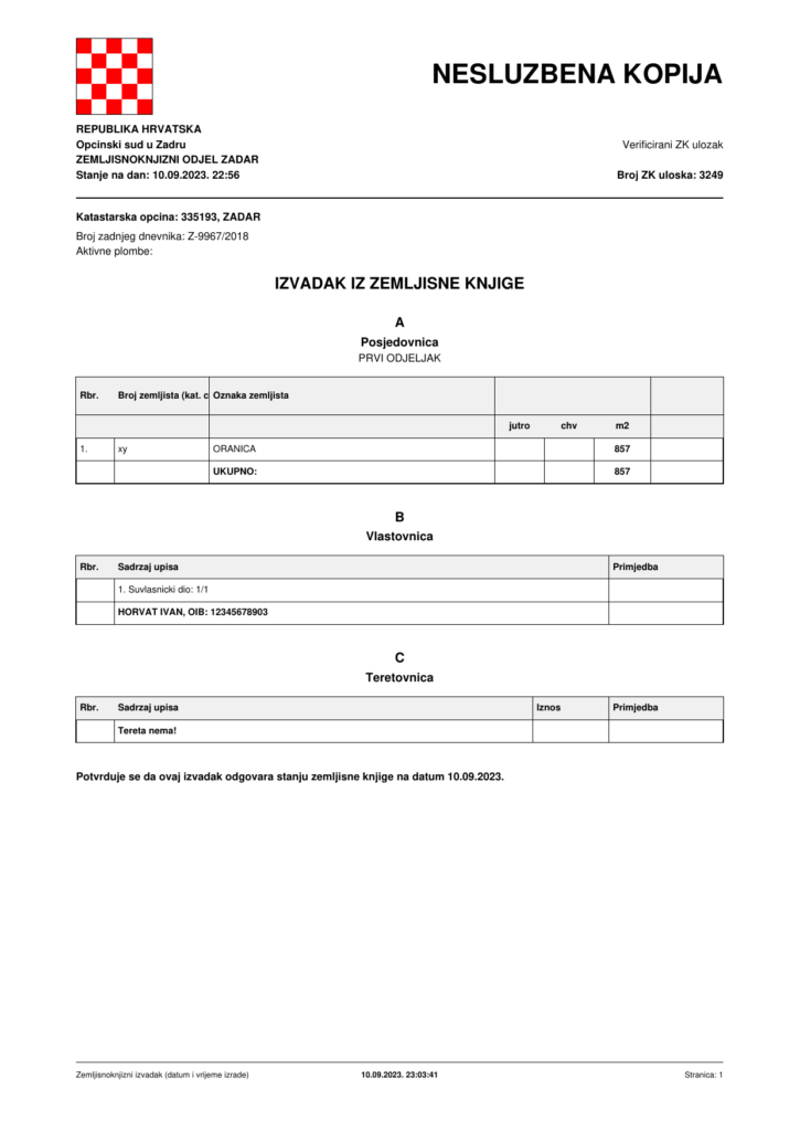 Sample Croatian land registry extract (ZK izvadak) showing property description, ownership in Sheet B and no encumbrances in Sheet C